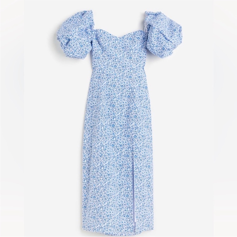 H&M Floral Blue Puff Sleeve Dress